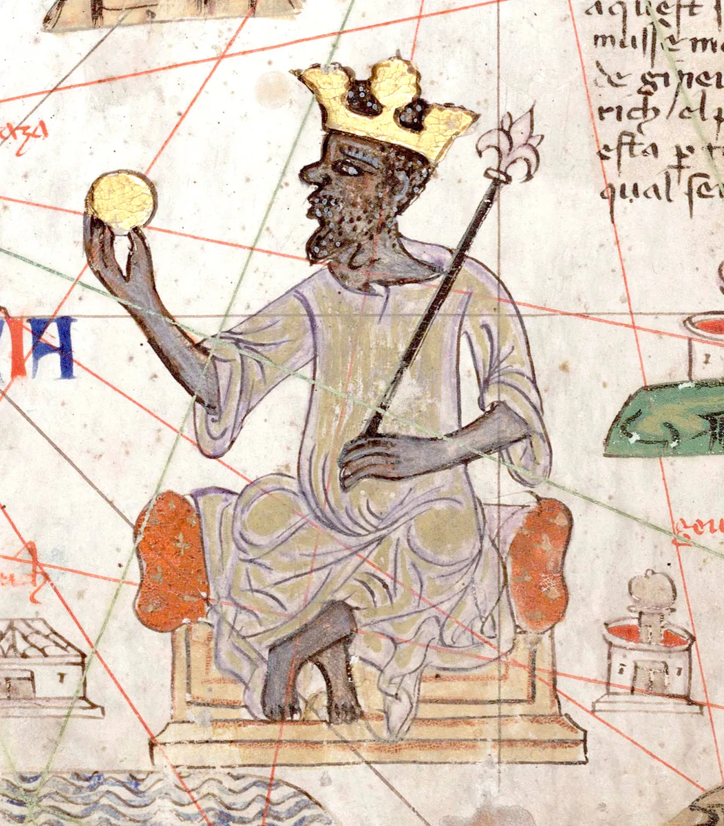 มานซา มูซาบน Catalan Atlas ปี 1375 นั่งบัลลังก์ถือลูกทอง
