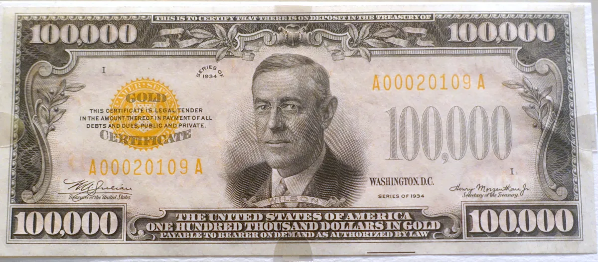 ธนบัตร Gold Certificate มูลค่า 100,000 ดอลลาร์ ซีรีส์ 1934 รูปวูดโรว์ วิลสัน