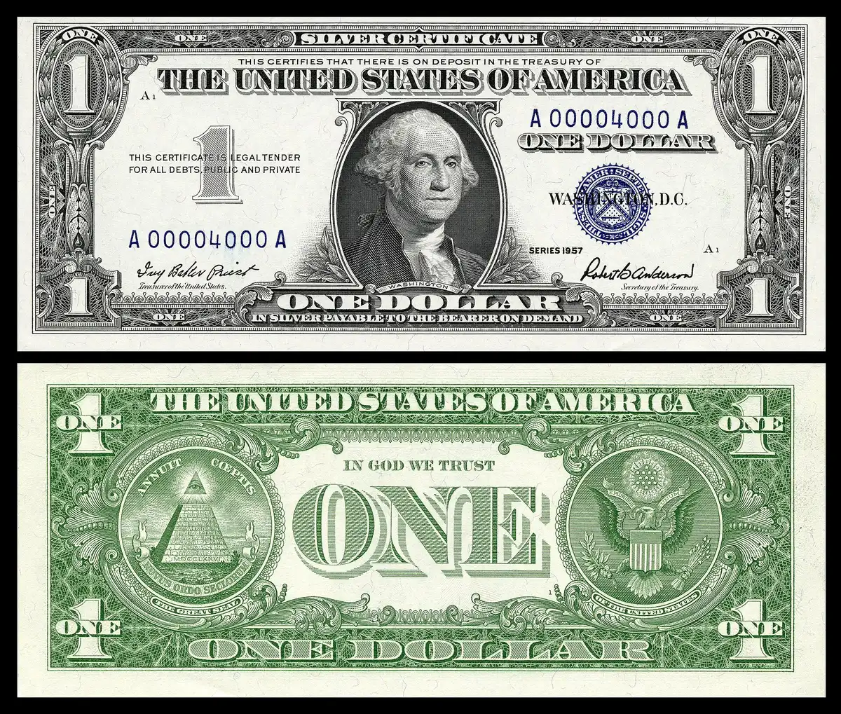 ธนบัตร Silver Certificate 1 ดอลลาร์ ซีรีส์ 1957 — ธนบัตรรุ่นแรกที่พิมพ์คำว่า In God We Trust