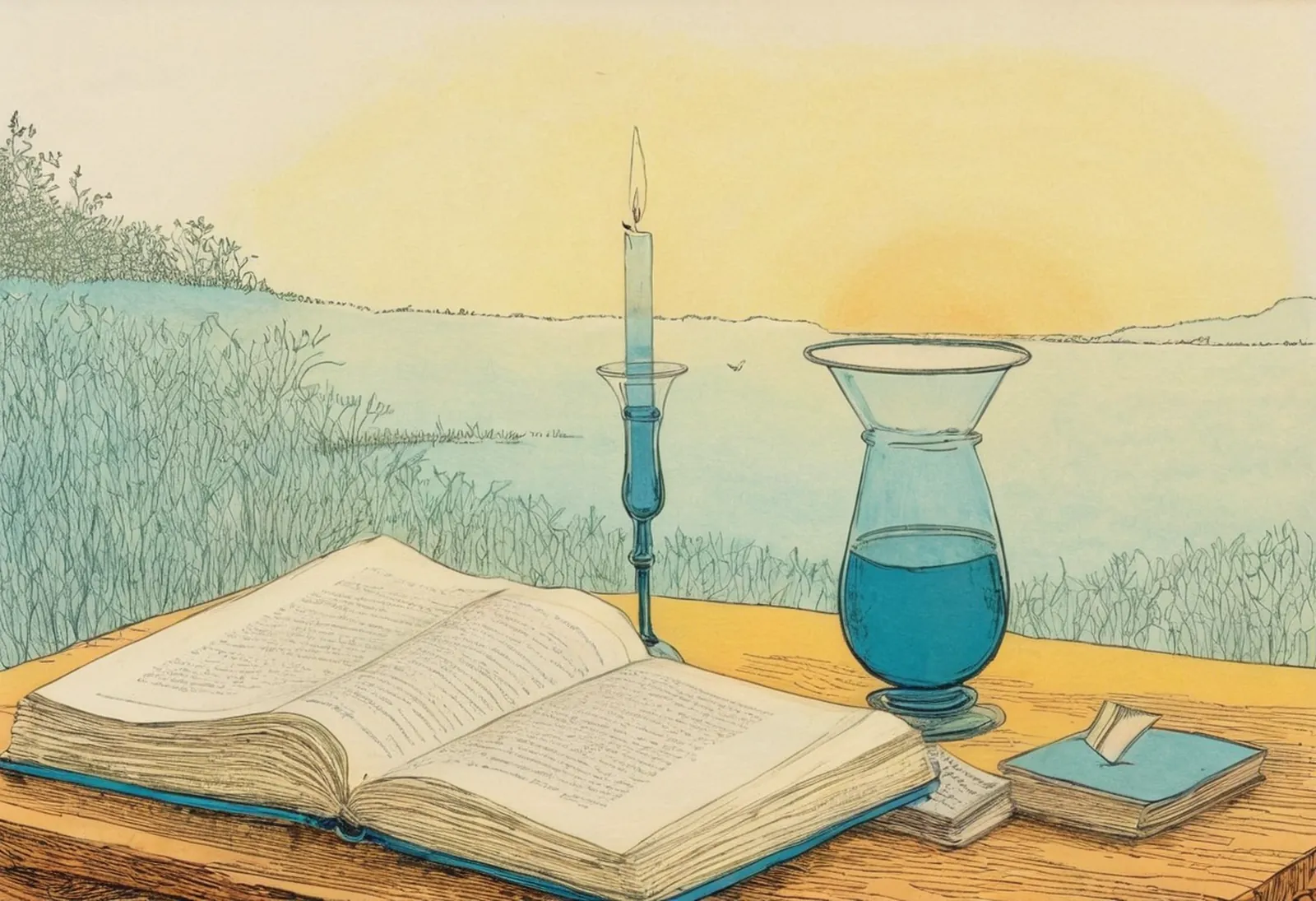A candle and an open ledger on a desk by the water