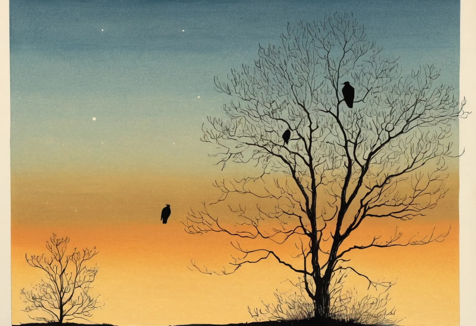 Crows on a bare tree at dusk — the picture behind “three black crows”