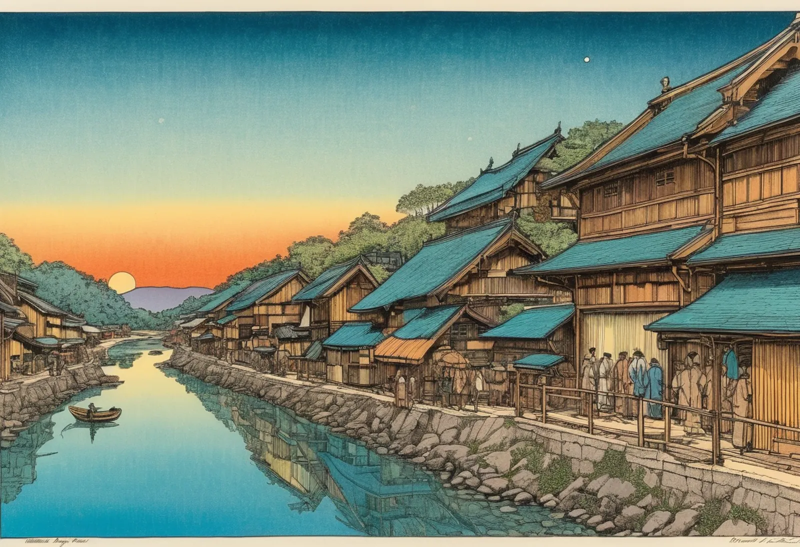 A canal lined with wooden rice warehouses at sunrise