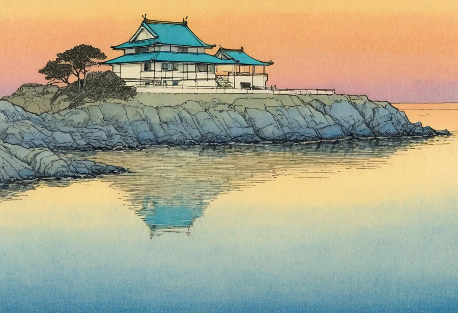 A castle on a rocky point at dusk