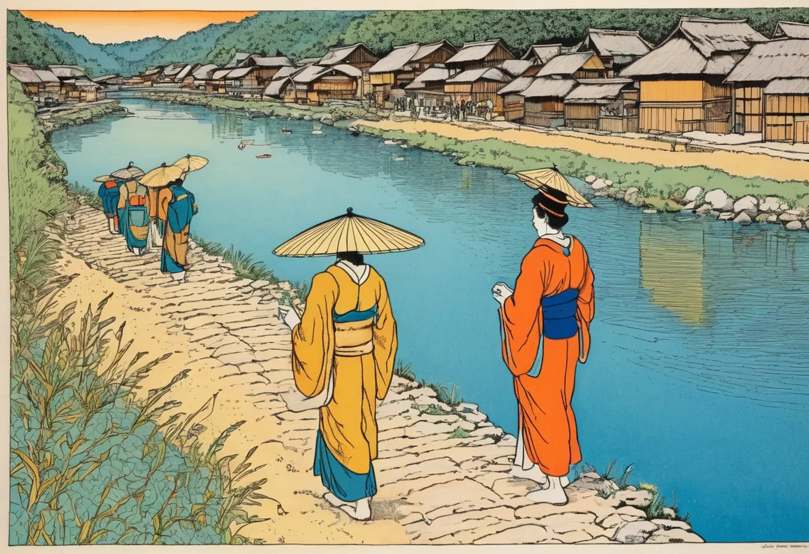 Townspeople with parasols walk along the river toward the market