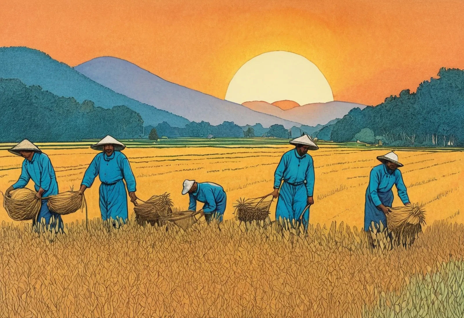 Farmers harvest rice at sunset