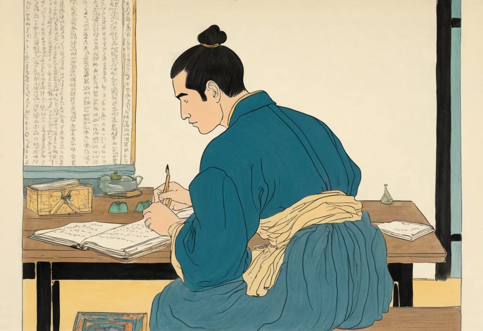 A man writes in a ledger by the window — the film’s picture of Homma Munehisa