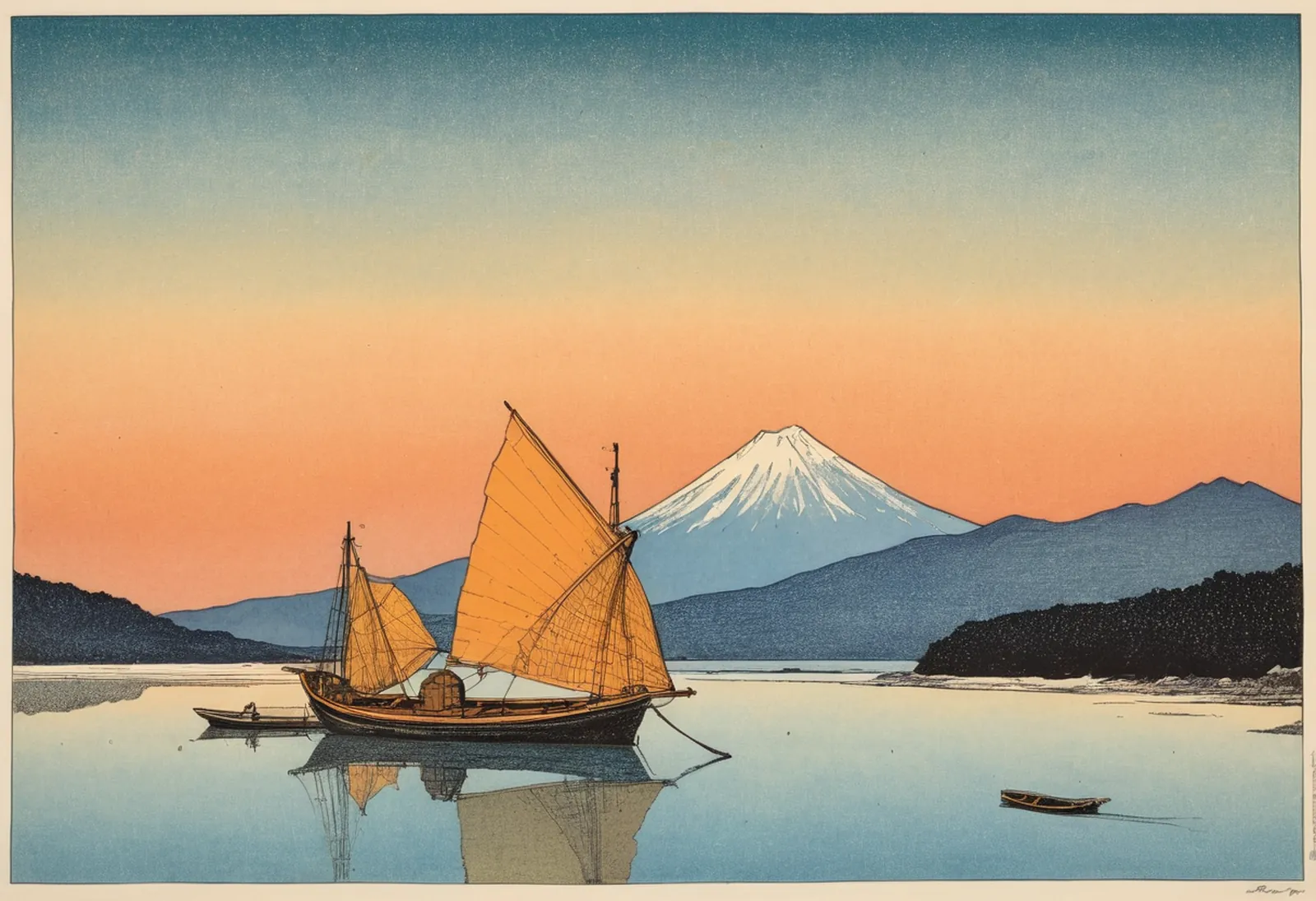 A rice ship at anchor below a snow-capped mountain
