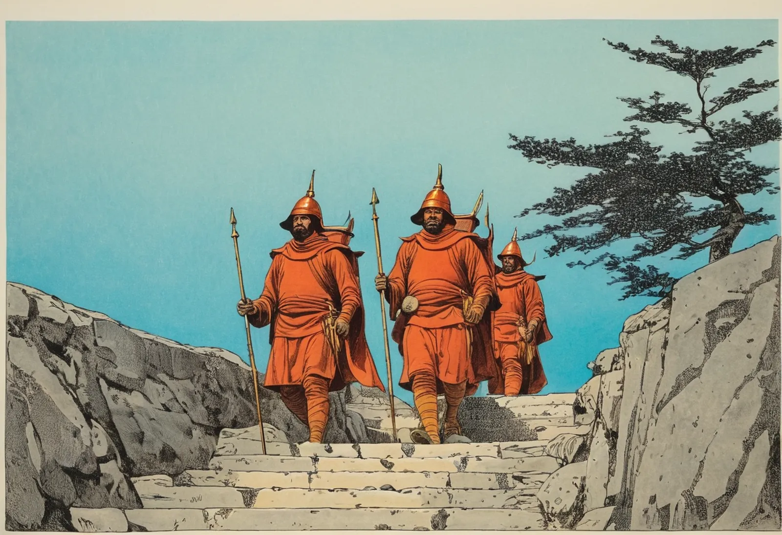 Three armoured soldiers climb stone steps — the picture behind “three white soldiers”