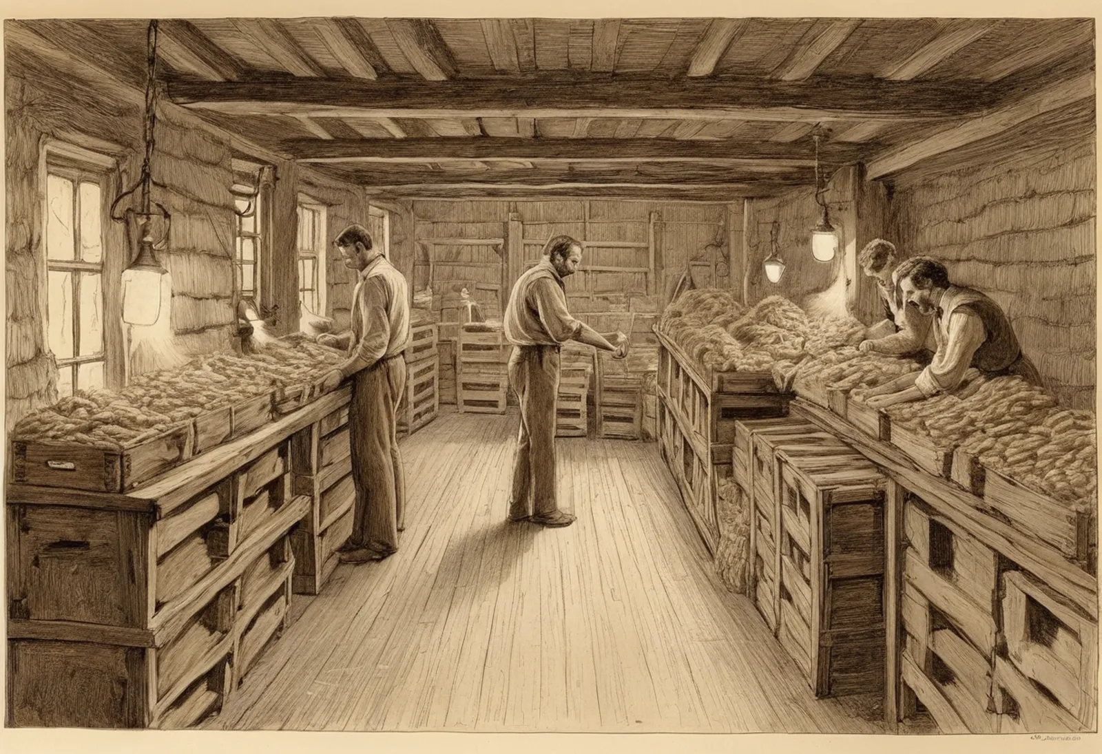 Traders quietly gather at a market stall — the film’s picture of accumulation